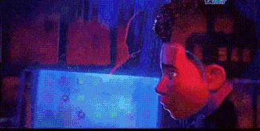 a close up of a cartoon character 's face looking at a computer screen .