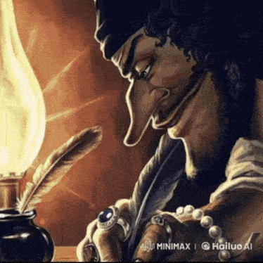 a cartoon drawing of a man writing with a feather in front of a lamp