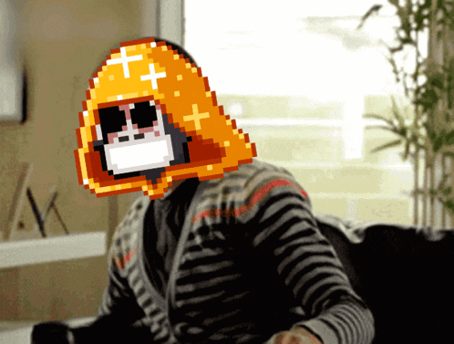 a pixel art drawing of a person wearing sunglasses and a mask