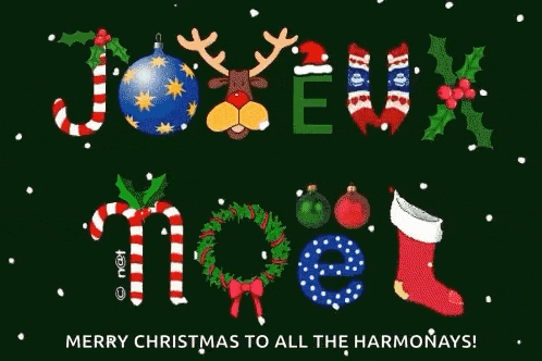 a christmas greeting card with the words `` merry christmas to all the harmonies ''