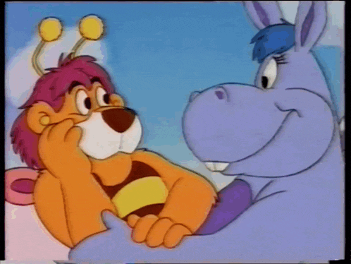 a cartoon of a lion and a purple hippo
