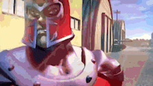 a man in a red and silver superhero costume is standing in front of a yellow building .