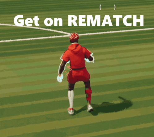 a soccer player stands on a field with the words get on rematch below him