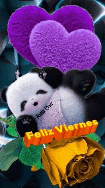 a panda bear is surrounded by purple hearts and yellow roses and says feliz viernes