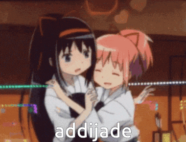a couple of anime girls hugging each other with the word addijade written on the bottom