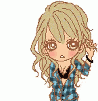 a pixel art drawing of a girl wearing a blue plaid shirt