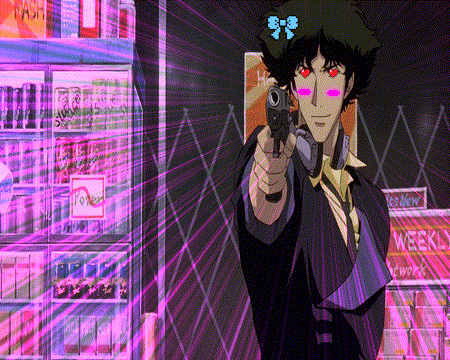 a cowboy bebop character is holding a gun in front of a weekly sign