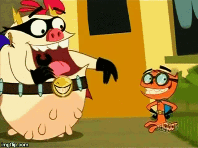 two cartoon characters are standing next to each other and one of them is wearing a mask .