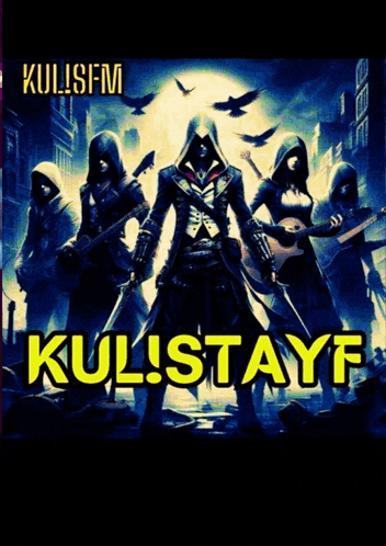 a poster of a band called kulisfm with a man in a hood holding a sword