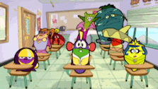 a group of cartoon characters are sitting at desks in a classroom and one of them has the number 3 on his head