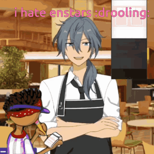 a man in an apron stands in front of a sign that says i hate enstars drooling ..