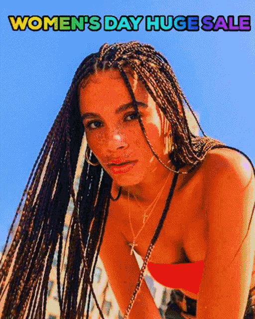 a woman with braids and freckles is on a women 's day huge sale ad