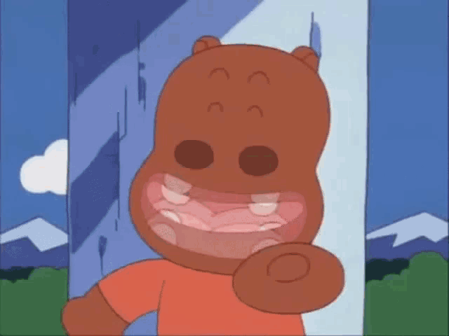 a cartoon hippo is standing next to a tree with his mouth open .