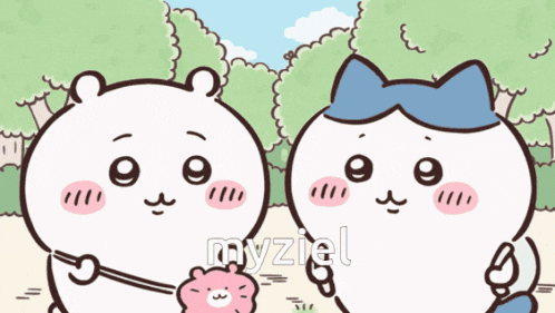 two cartoon characters are standing next to each other and the word myziel is on the bottom left