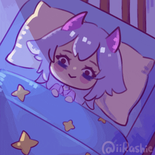 a drawing of a cat with horns laying in bed