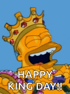 bart simpson is wearing a crown and holding a bunch of gems and says `` happy king day ! ''
