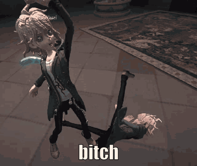 a video game character with the word bitch on the floor