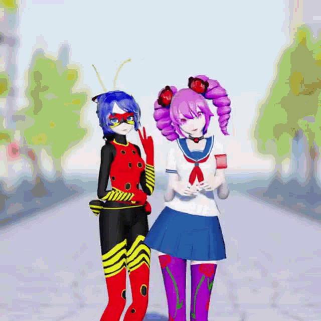 two anime characters standing next to each other with one wearing a ladybug costume
