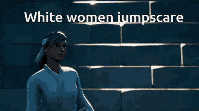 a woman in a white karate uniform is standing in front of a wall with the words white women jumpscare written above her