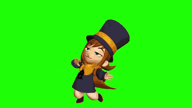 a cartoon girl wearing a top hat and a dress is dancing on a green screen .