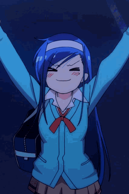 a girl with blue hair and a blue jacket has her arms outstretched