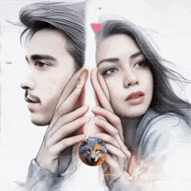 a painting of a man and a woman with a wolf pendant in their hands