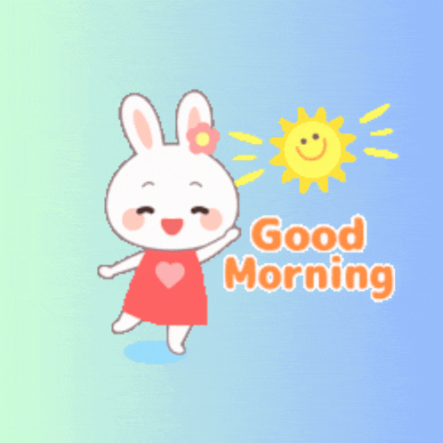 a cartoon of a bunny says good morning in a foreign language