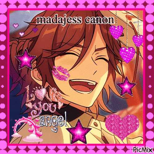 a picture of a boy with hearts and stars with the caption " madajess canon loves you angel "