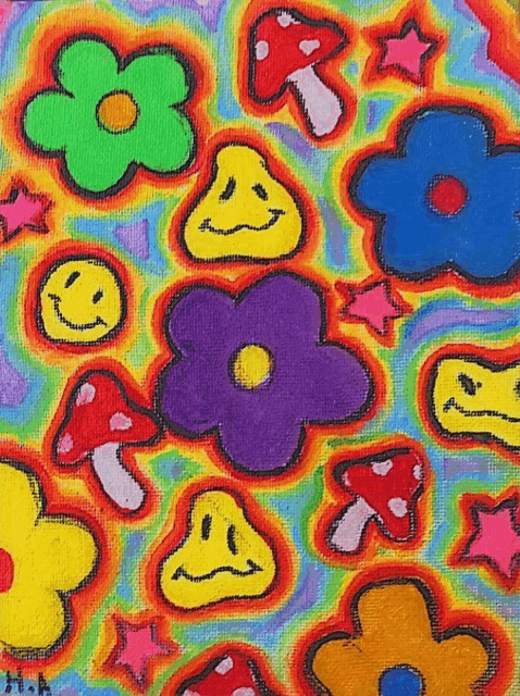 a colorful painting with flowers , mushrooms , stars and smiley faces .