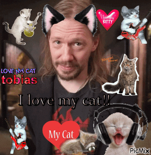 a man with long hair is surrounded by cats and a red heart that says " i love my cat "
