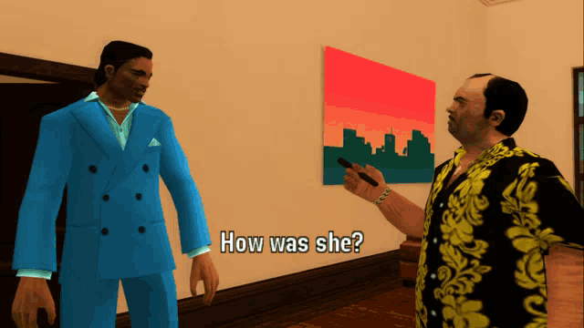a man in a blue suit is talking to another man in a yellow shirt who is holding a cell phone and asking how was she