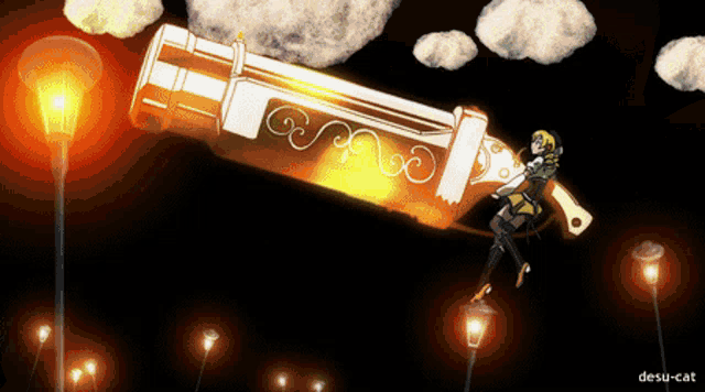 a cartoon drawing of a woman flying through the air with the words desu-cat at the bottom