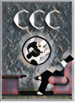 a woman is sitting in a chair reading a book in front of a ccc logo .