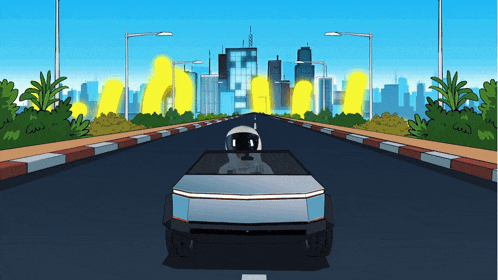 a cartoon drawing of a car driving down a street