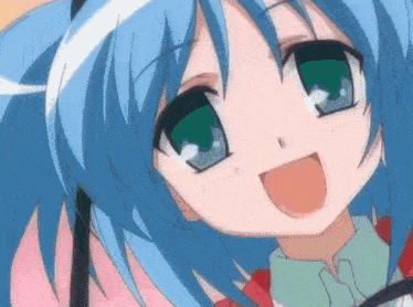 a close up of a girl with blue hair and green eyes smiling