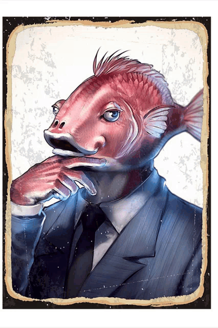 a painting of a man with a fish head on his head