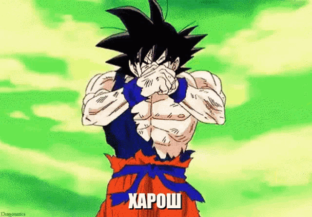 goku from dragon ball z is covering his face with his hands and the word karosh is on the bottom of the image