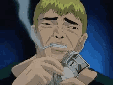 a cartoon man is smoking a cigarette and holding a bunch of money in his hand .