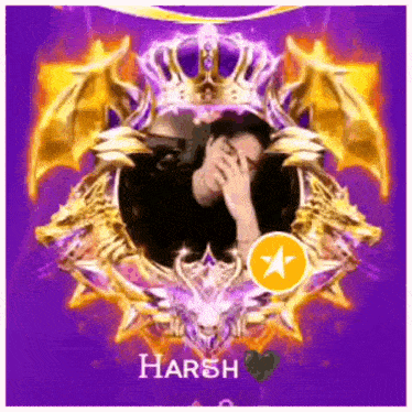 a man is covering his face in a purple and gold emblem with a star .