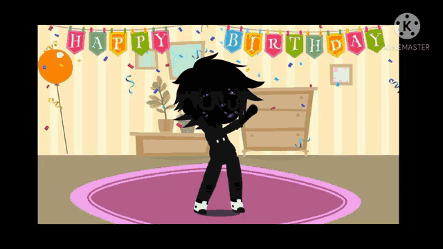 a cartoon character is dancing in front of a banner that says happy birthday