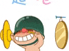a cartoon boy wearing a helmet is holding a cymbal and a drum .