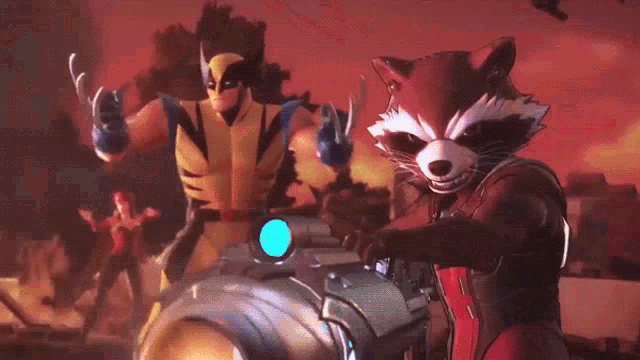wolverine and rocket raccoon are riding on a motorcycle together