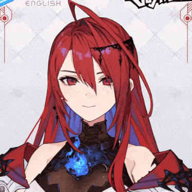 a drawing of a girl with red hair and the word english in the background