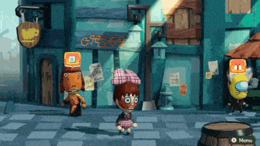 a video game shows a girl standing in front of a building that says giggle
