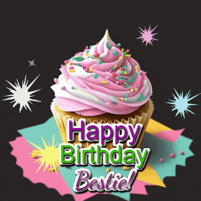 a cupcake with pink frosting and sprinkles with the words happy birthday bestie on it