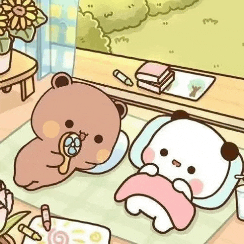 a cartoon of two teddy bears laying on a rug in a room .