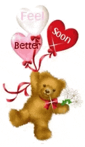 a teddy bear is holding a bouquet of flowers and three balloons that say `` feel better soon '' .