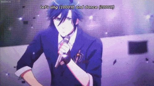 a blue haired anime character singing into a microphone