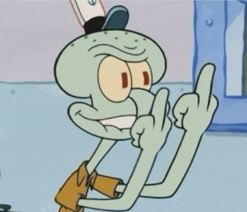 squidward from spongebob is giving the middle finger