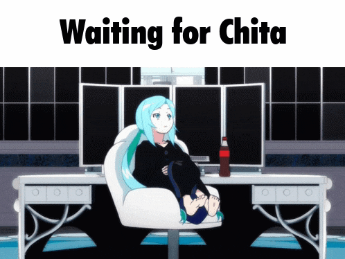 a picture of a girl sitting in a chair with the words " waiting for chita "